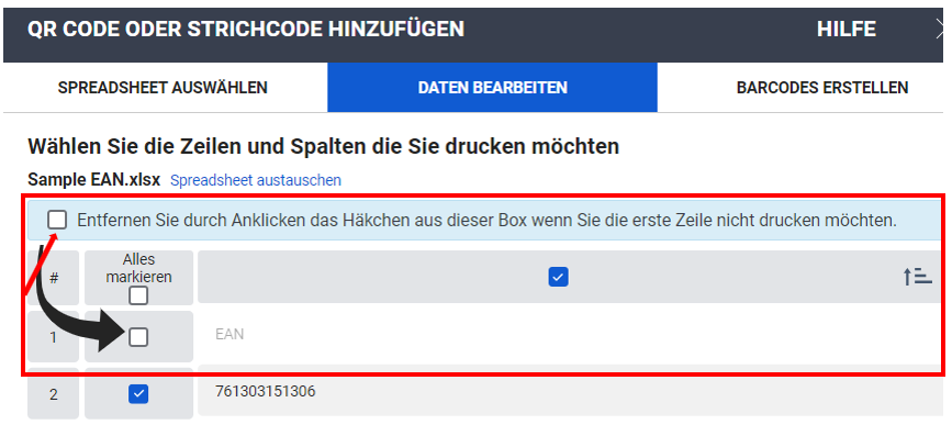 Uncheck Header Row